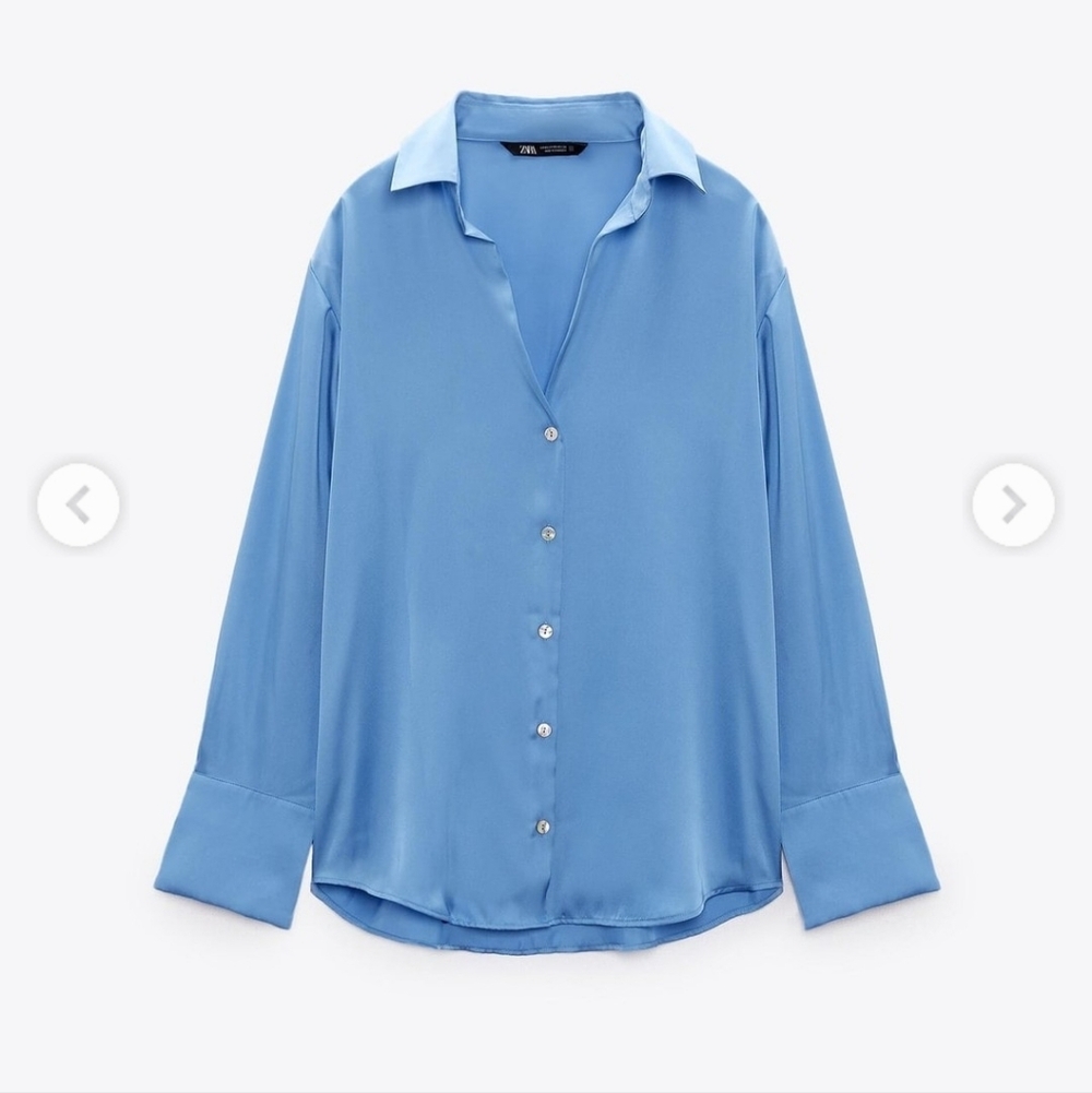 🆕️Zara Satin Sky Blue Button-Up Blouse SZ Large - Picture 2 of 12